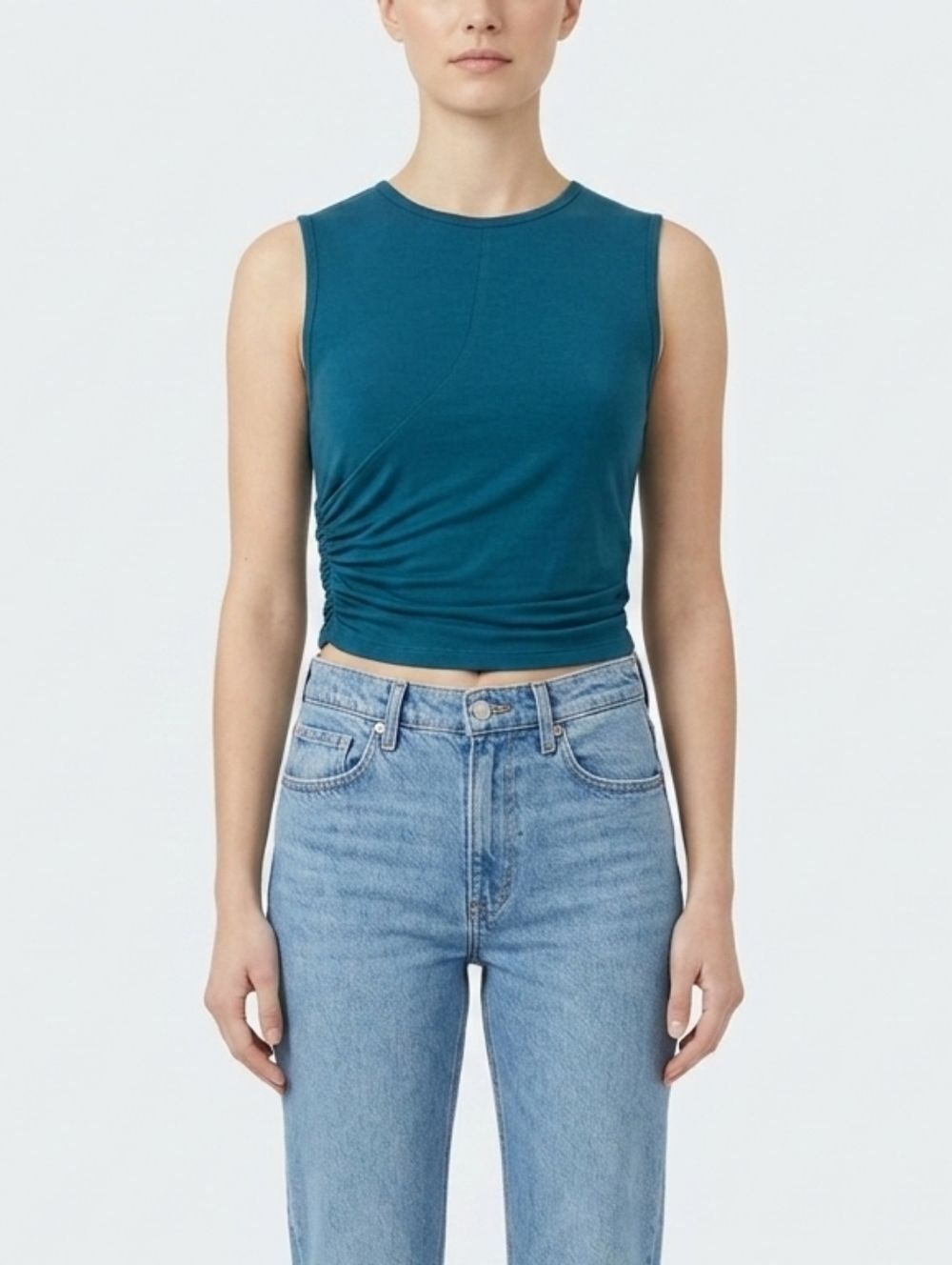 Cider Teal Ruched Sleeveless Crop Top Size Medium Jewel Tone Going Out Top